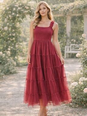 PrettyGarden Scarlet Tulle Midi Dress Medium Layered Mesh Romantic Fit & Flare
